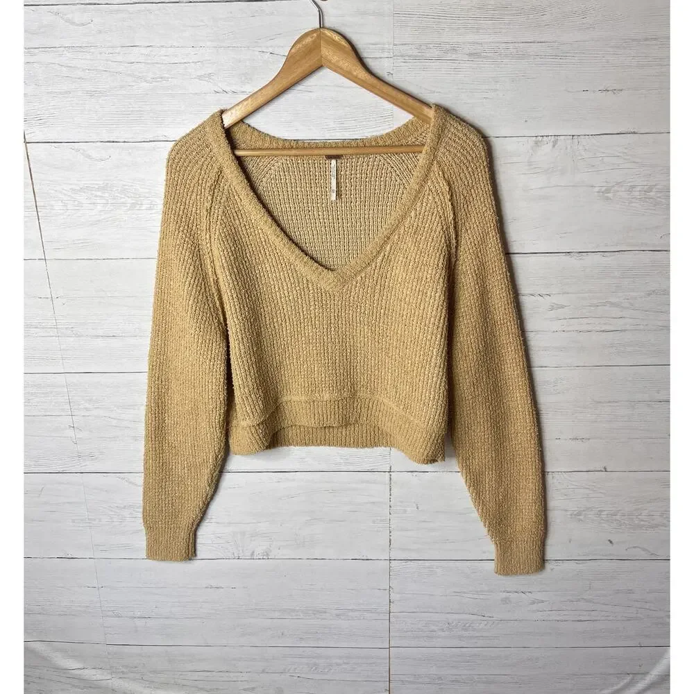 Free People Sweater Womens Size XS Camel Brown V Neck Knit Cropped Pullover - Picture 4 of 16